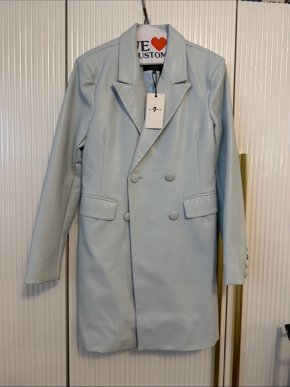 7 For All Mankind Light Blue Double-Breasted Pleather Jacket